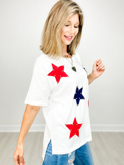 Short Sleeve Solid Knit Top with Attached Star Patches