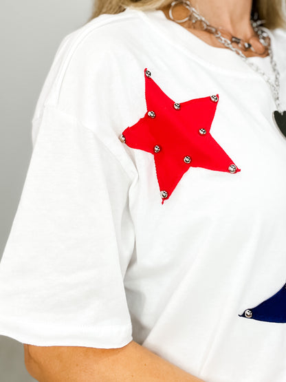 Short Sleeve Solid Knit Top with Attached Star Patches