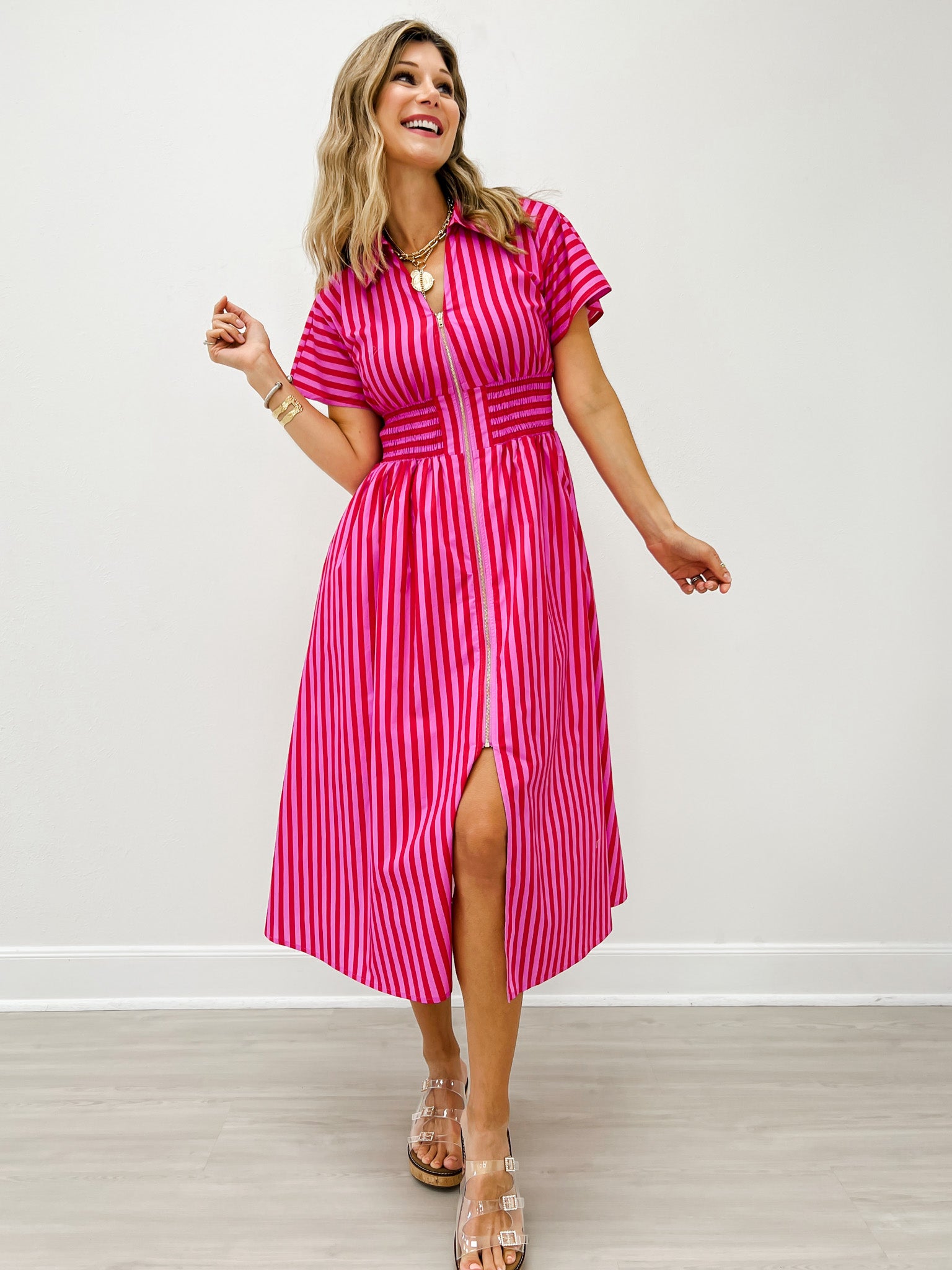 Short Sleeve Smocked Waist Midi Dress with Zip Closure