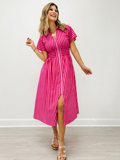 Short Sleeve Smocked Waist Midi Dress with Zip Closure