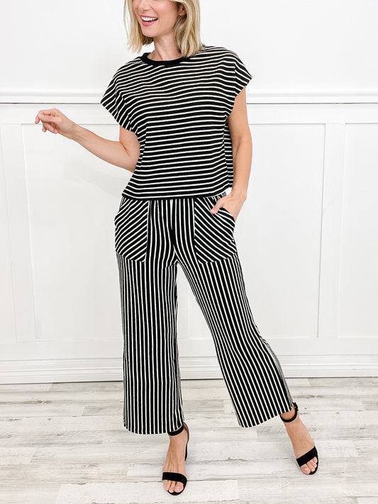 Striped Texture Knit Short Sleeve Top with Pants Set