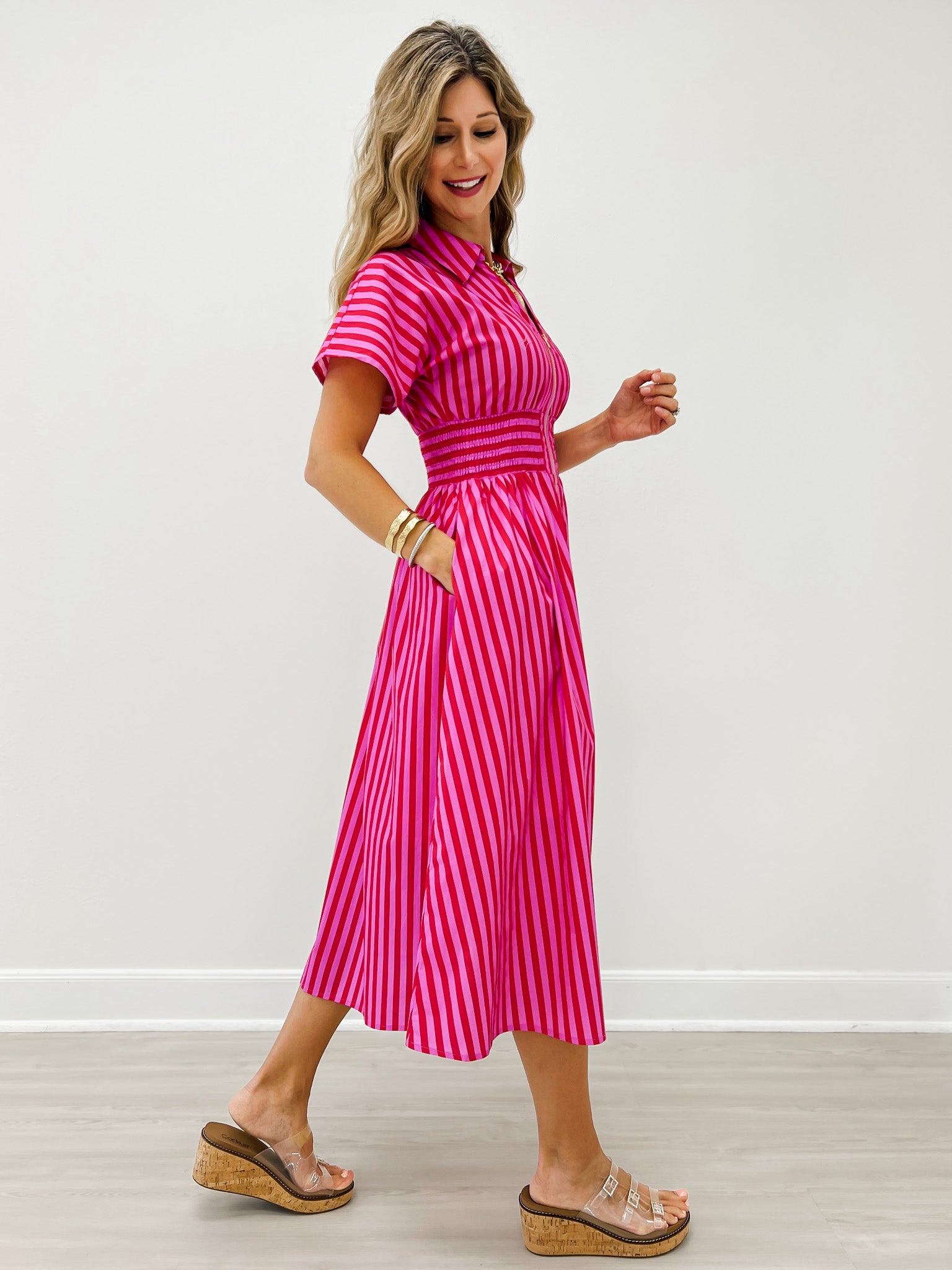 smocked midi dress short sleeve Short Sleeve Smocked Waist Midi Dress with Zip Closure Navy / M