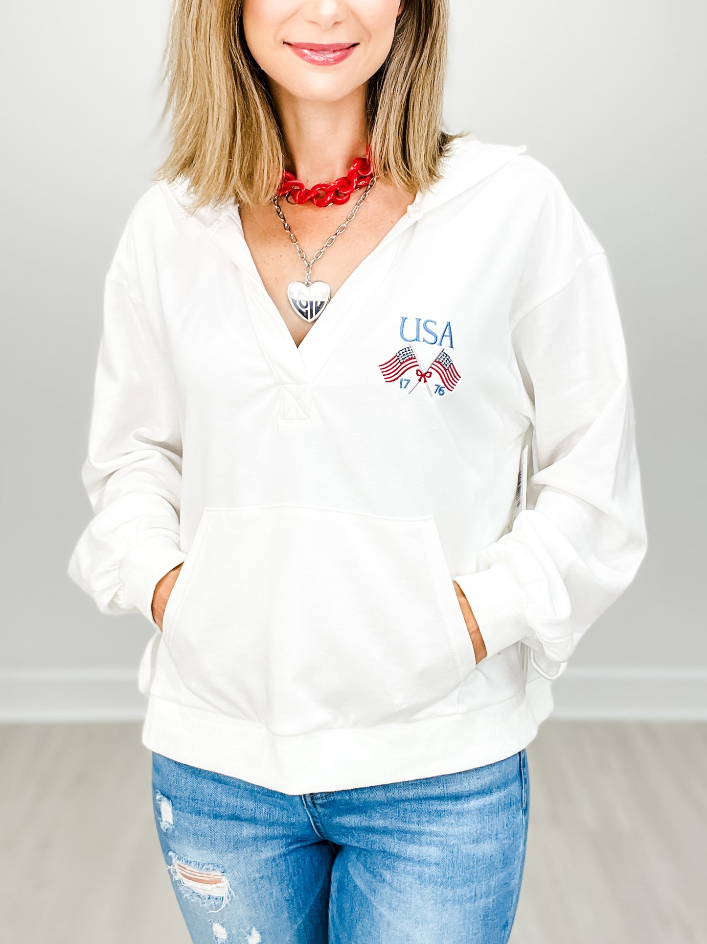 Oversized Hoodie Top With USA Embroidered Flag