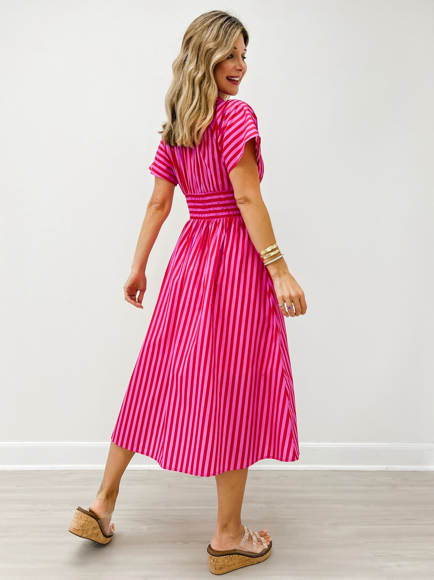 Short Sleeve Smocked Waist Midi Dress with Zip Closure