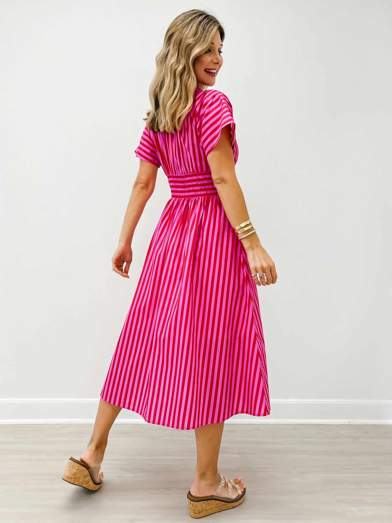 Short Sleeve Smocked Waist Midi Dress with Zip Closure