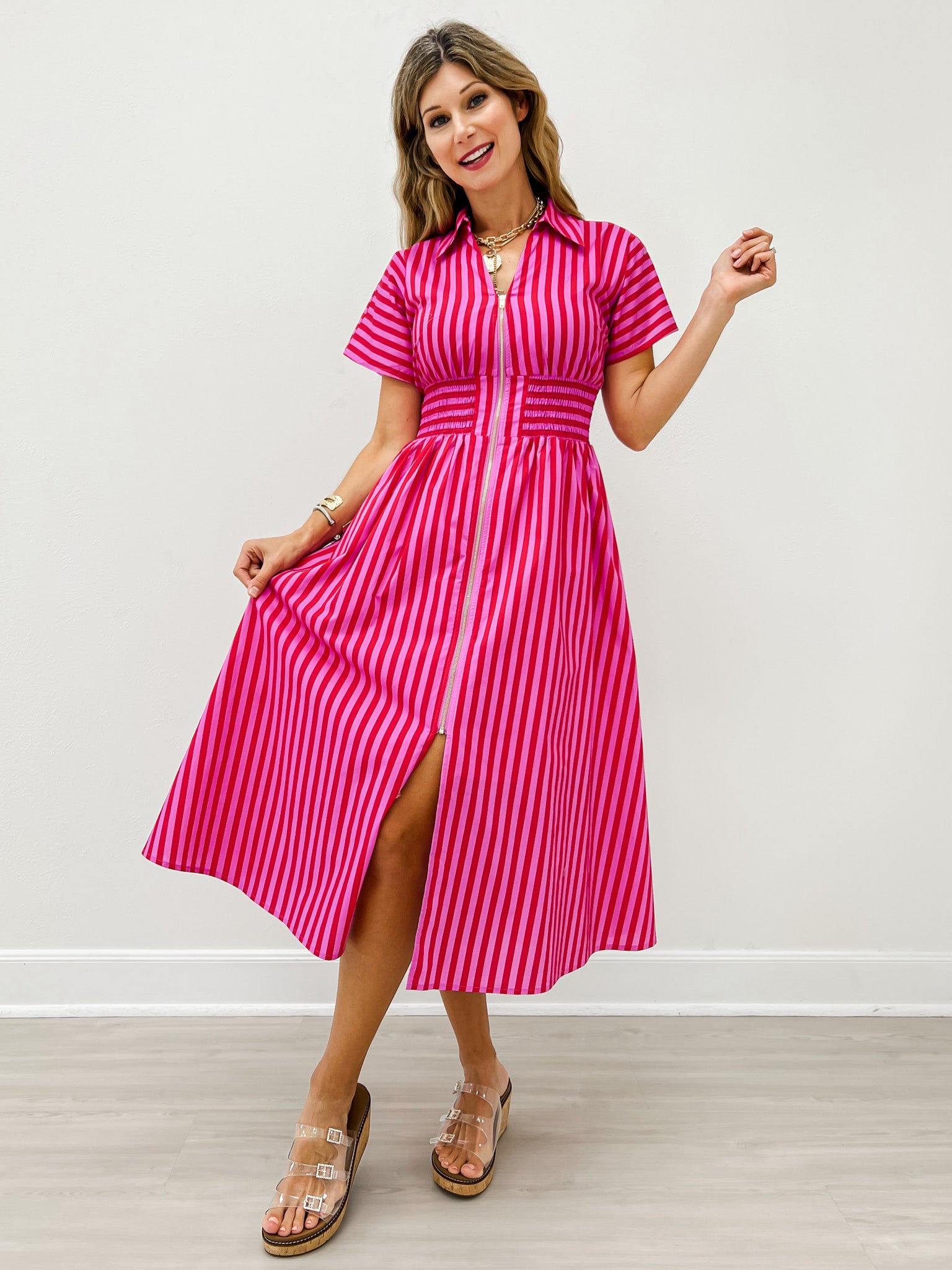 Short Sleeve Smocked Waist Midi Dress with Zip Closure