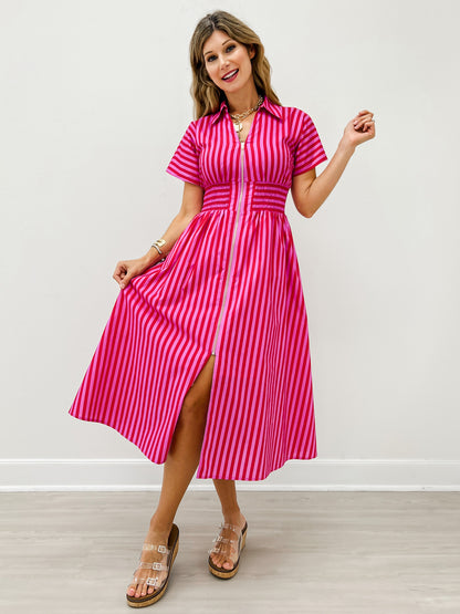 Short Sleeve Smocked Waist Midi Dress with Zip Closure