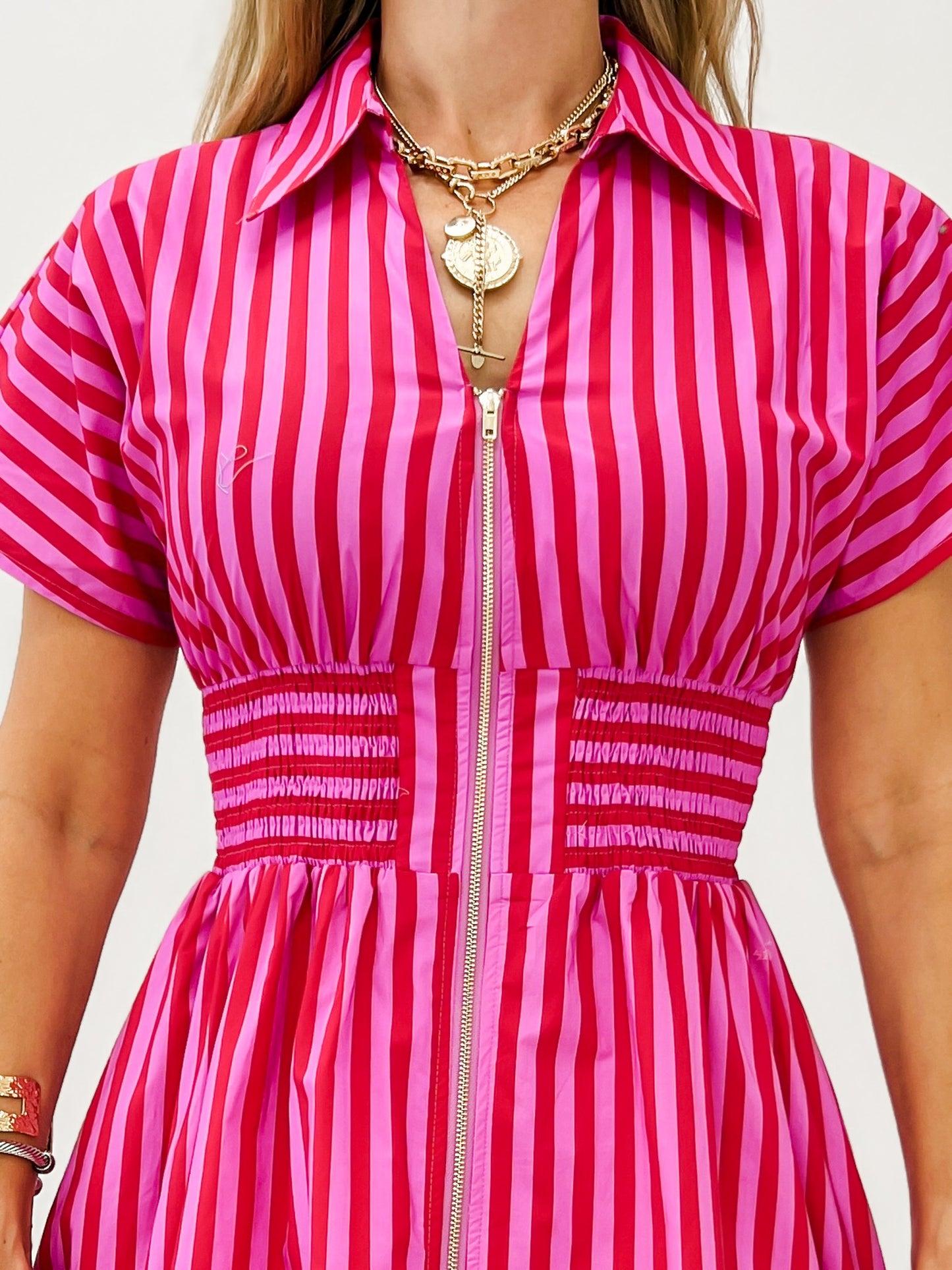 Short Sleeve Smocked Waist Midi Dress with Zip Closure