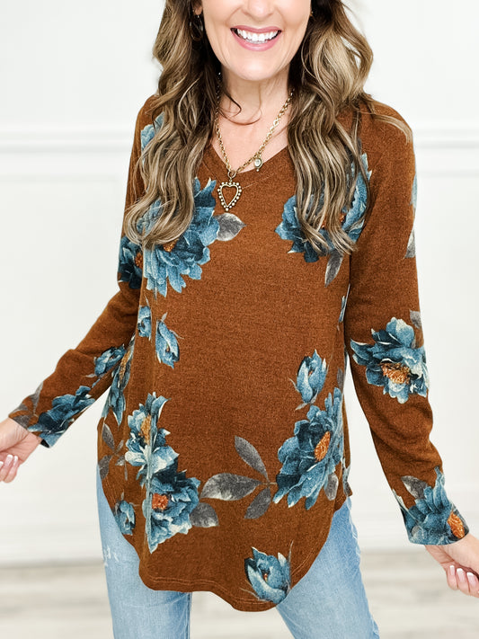 Floral Print Long Sleeve V-Neck Top