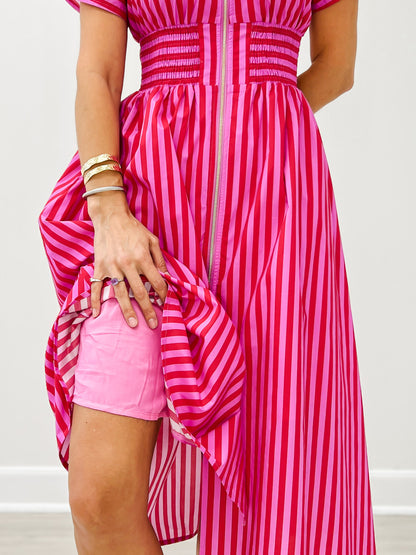 Short Sleeve Smocked Waist Midi Dress with Zip Closure