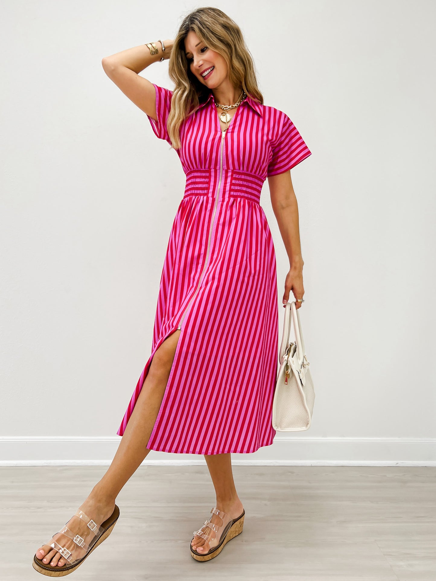 Short Sleeve Smocked Waist Midi Dress with Zip Closure