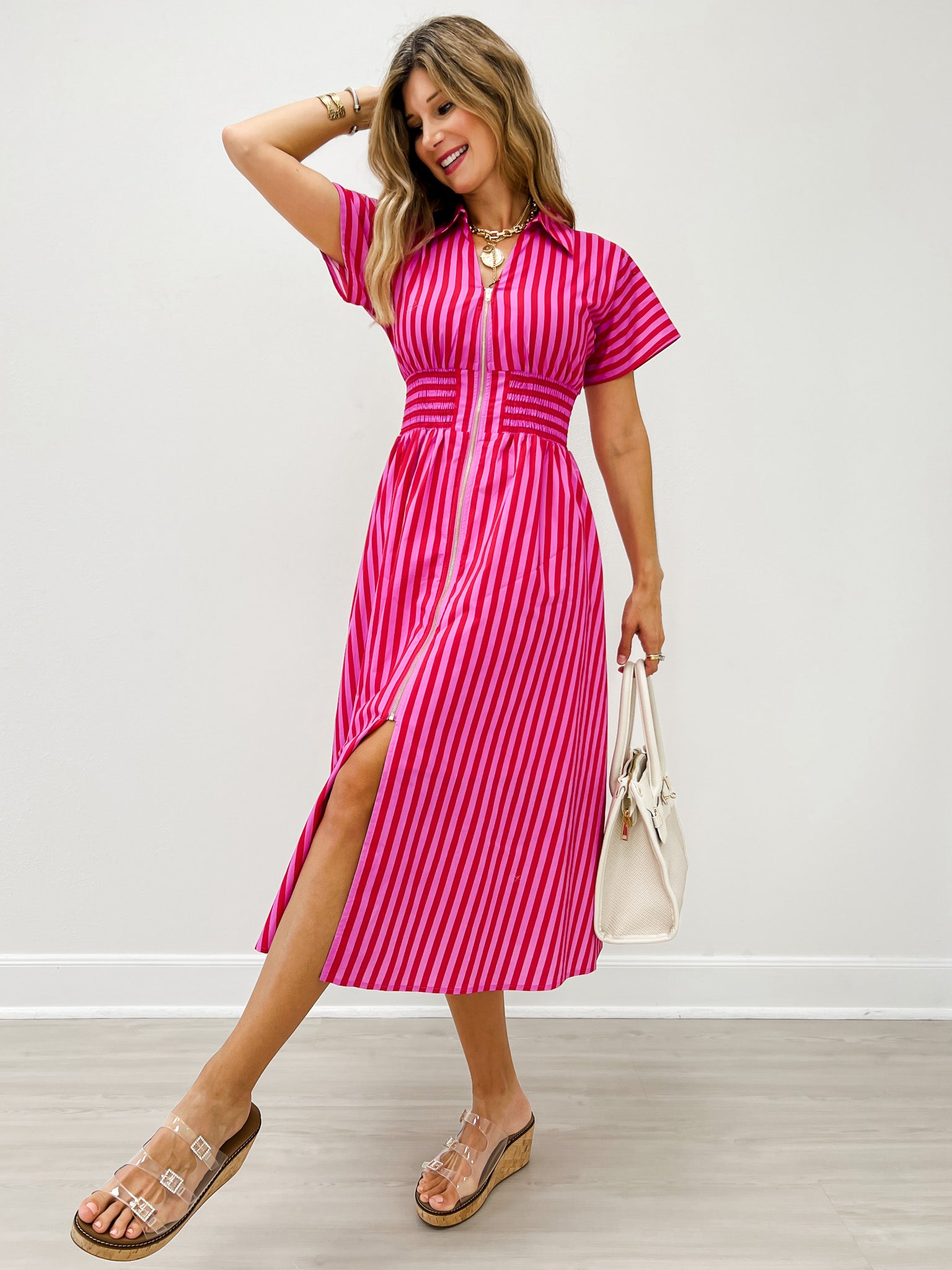 Short Sleeve Smocked Waist Midi Dress with Zip Closure