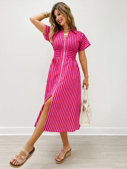 Short Sleeve Smocked Waist Midi Dress with Zip Closure