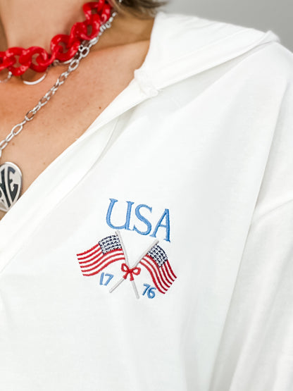 Oversized Hoodie Top With USA Embroidered Flag