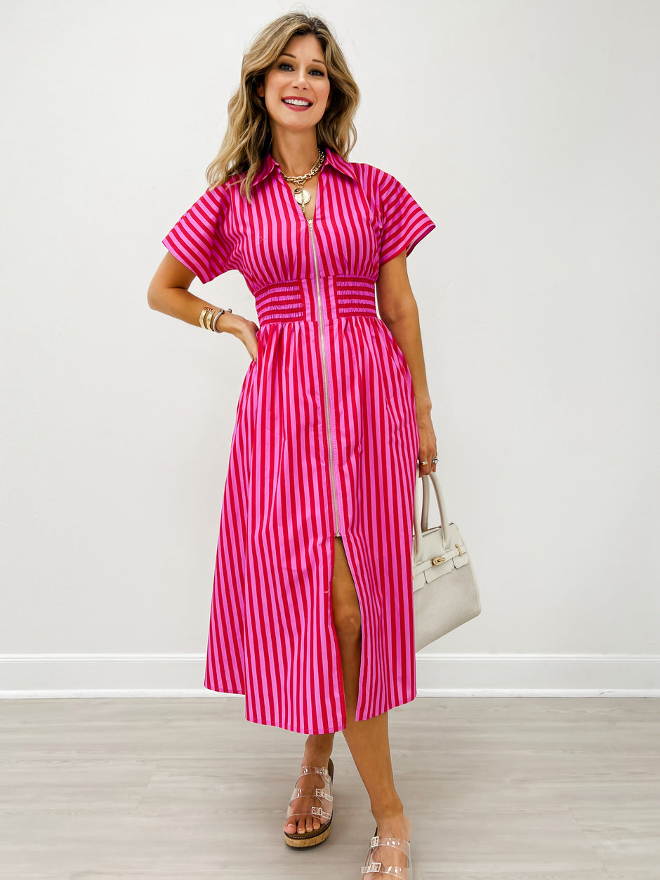Short Sleeve Smocked Waist Midi Dress with Zip Closure