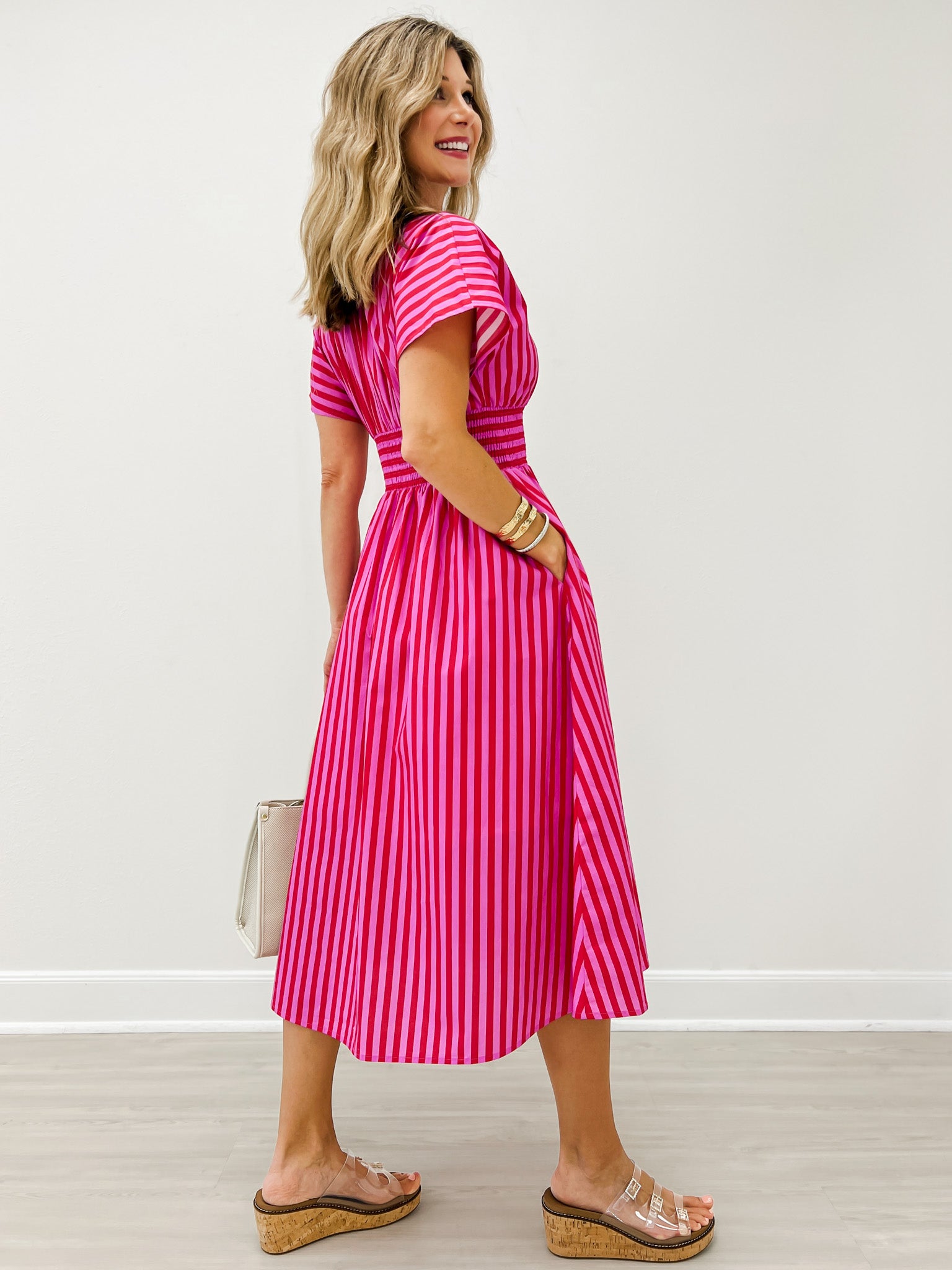 Short Sleeve Smocked Waist Midi Dress with Zip Closure
