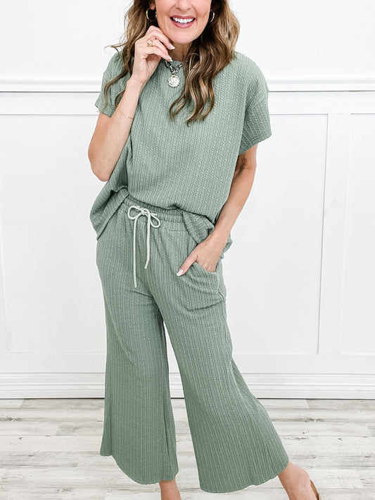 Textured Short Sleeve Top with Knit Pants Set