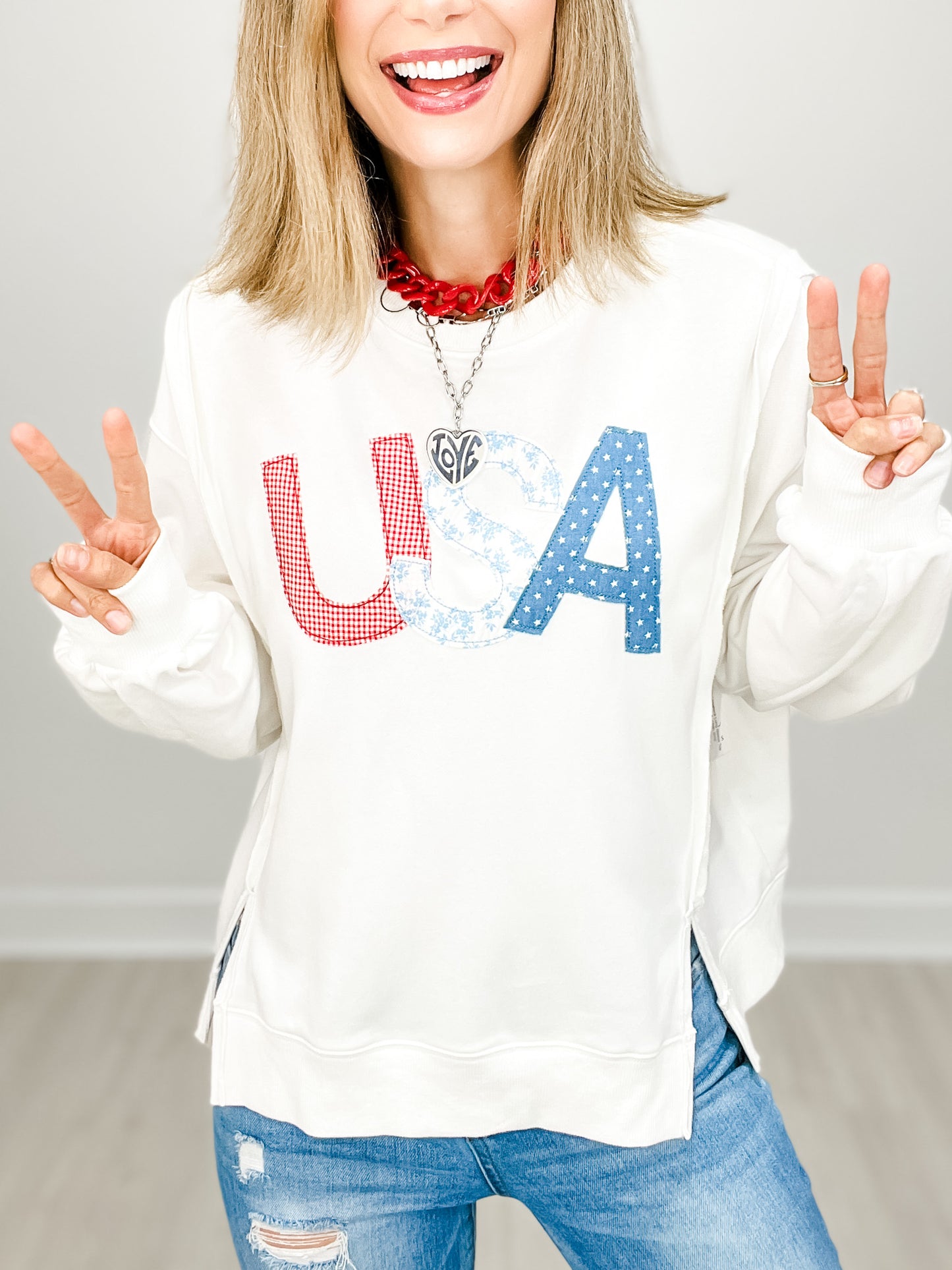 USA Patchwork Crewneck Long Sleeve Top