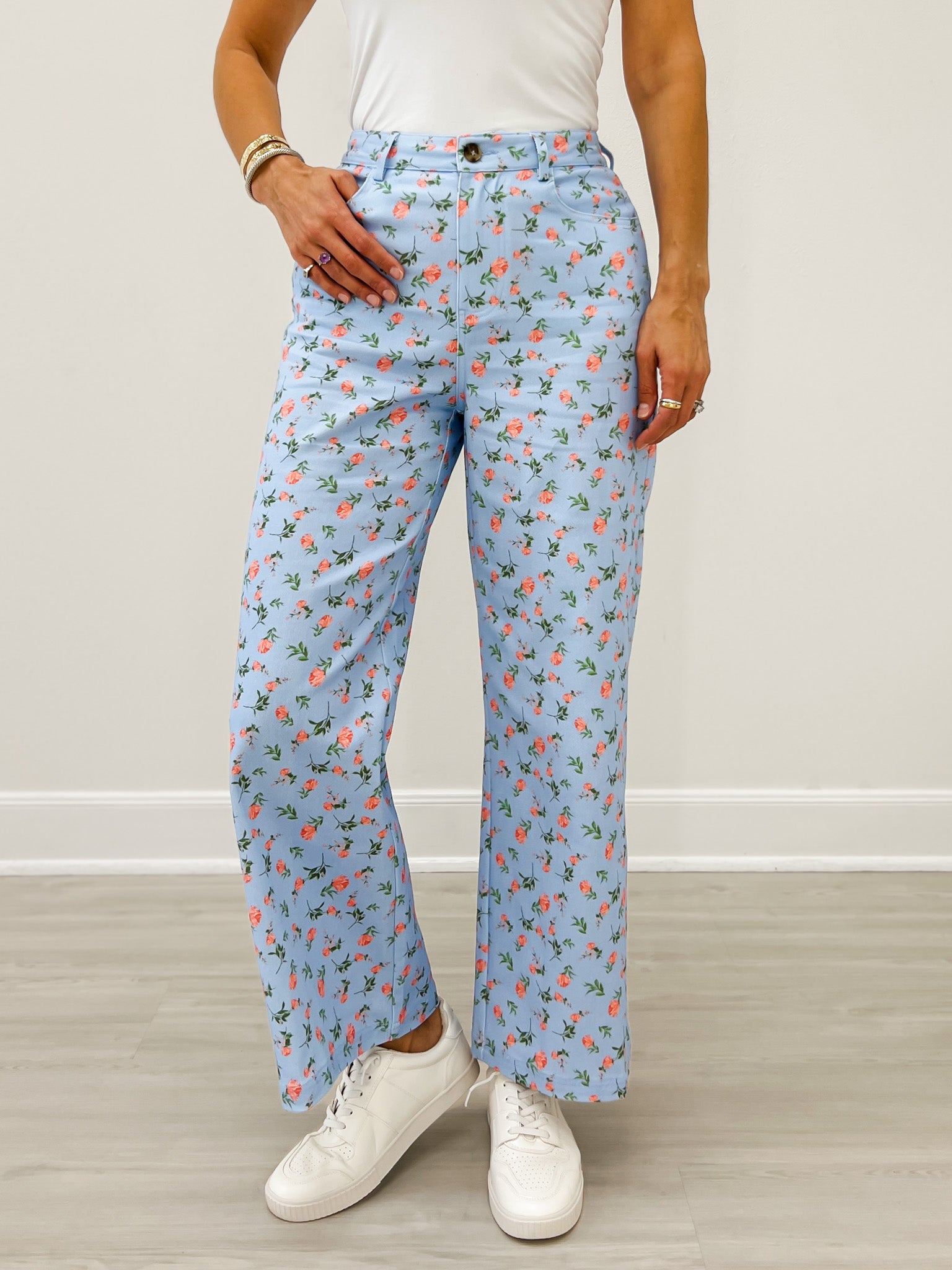 Botanical Print Wide Leg Pants with Pleat Detail