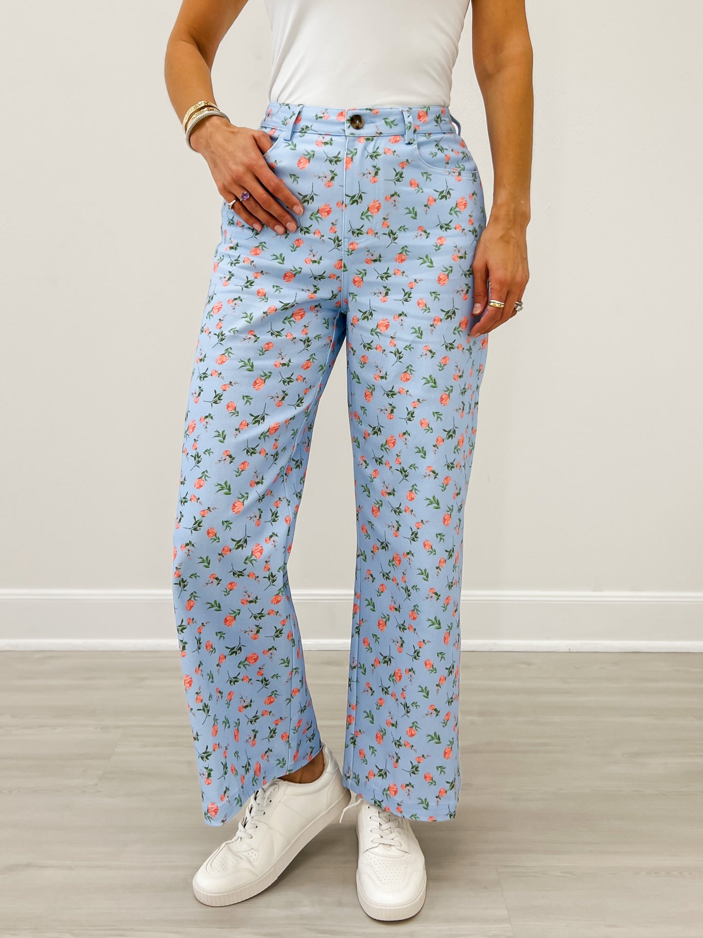 Botanical Print Wide Leg Pants with Pleat Detail