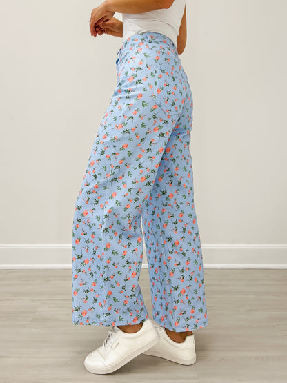 Botanical Print Wide Leg Pants with Pleat Detail