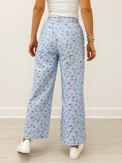 Botanical Print Wide Leg Pants with Pleat Detail