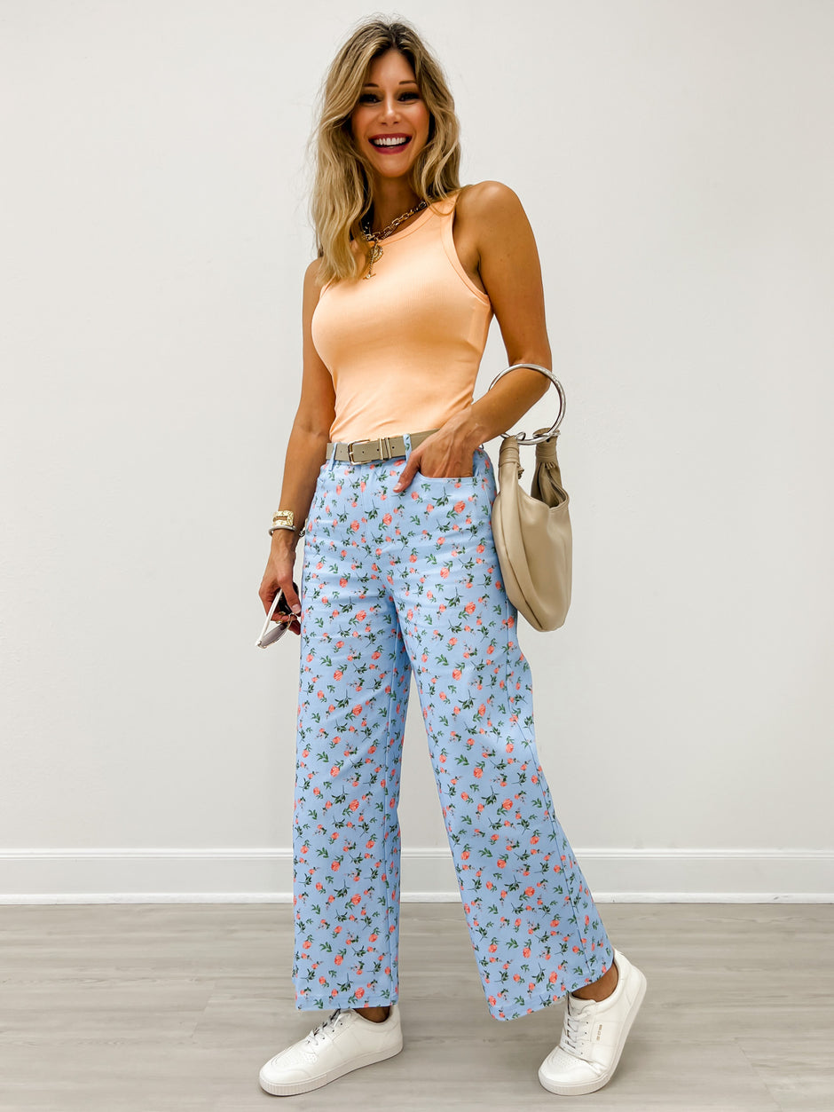 Botanical Print Wide Leg Pants with Pleat Detail