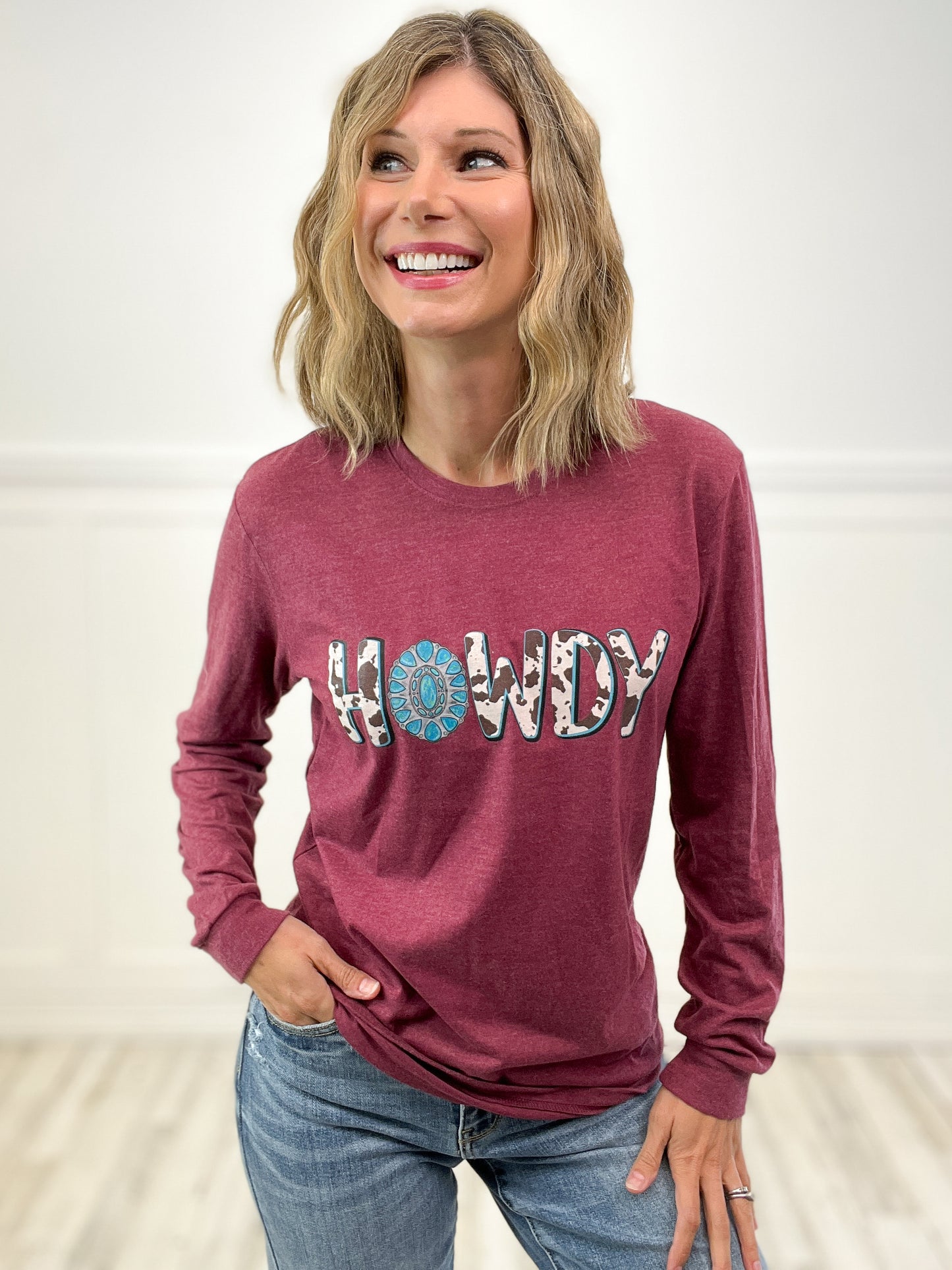 Turquoise Howdy Fall Long Sleeve Graphic Tee