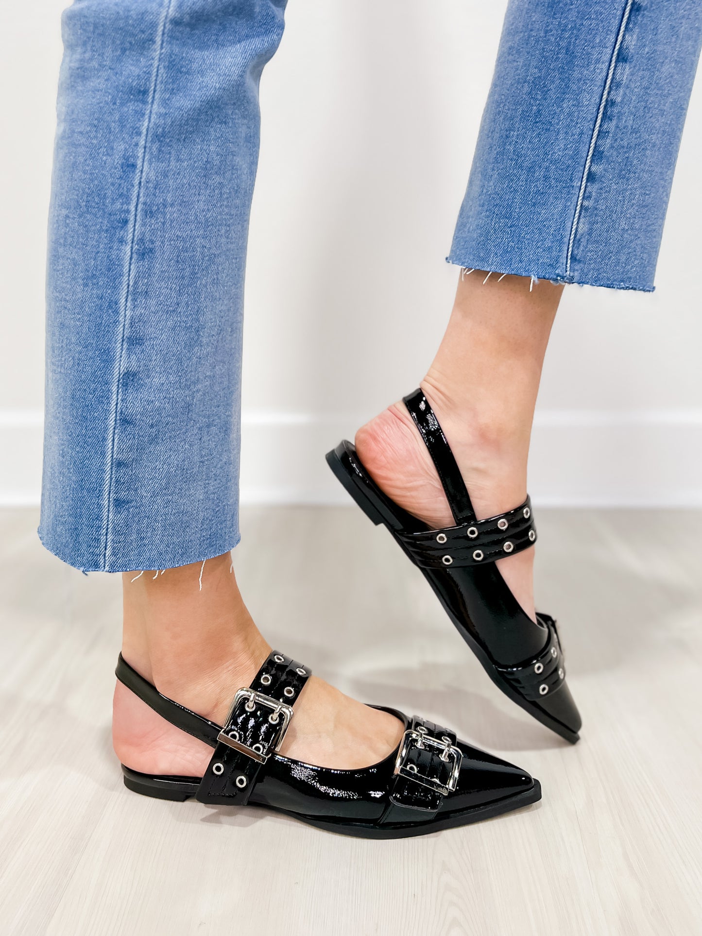 SWIRL Buckled Sling Back Pointed Toe Flats in Black