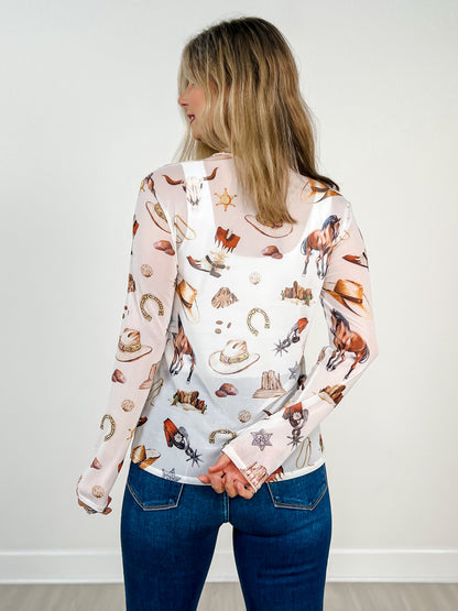Western Elements Print Semi Sheer Mesh Top