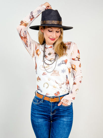 Western Elements Print Semi Sheer Mesh Top