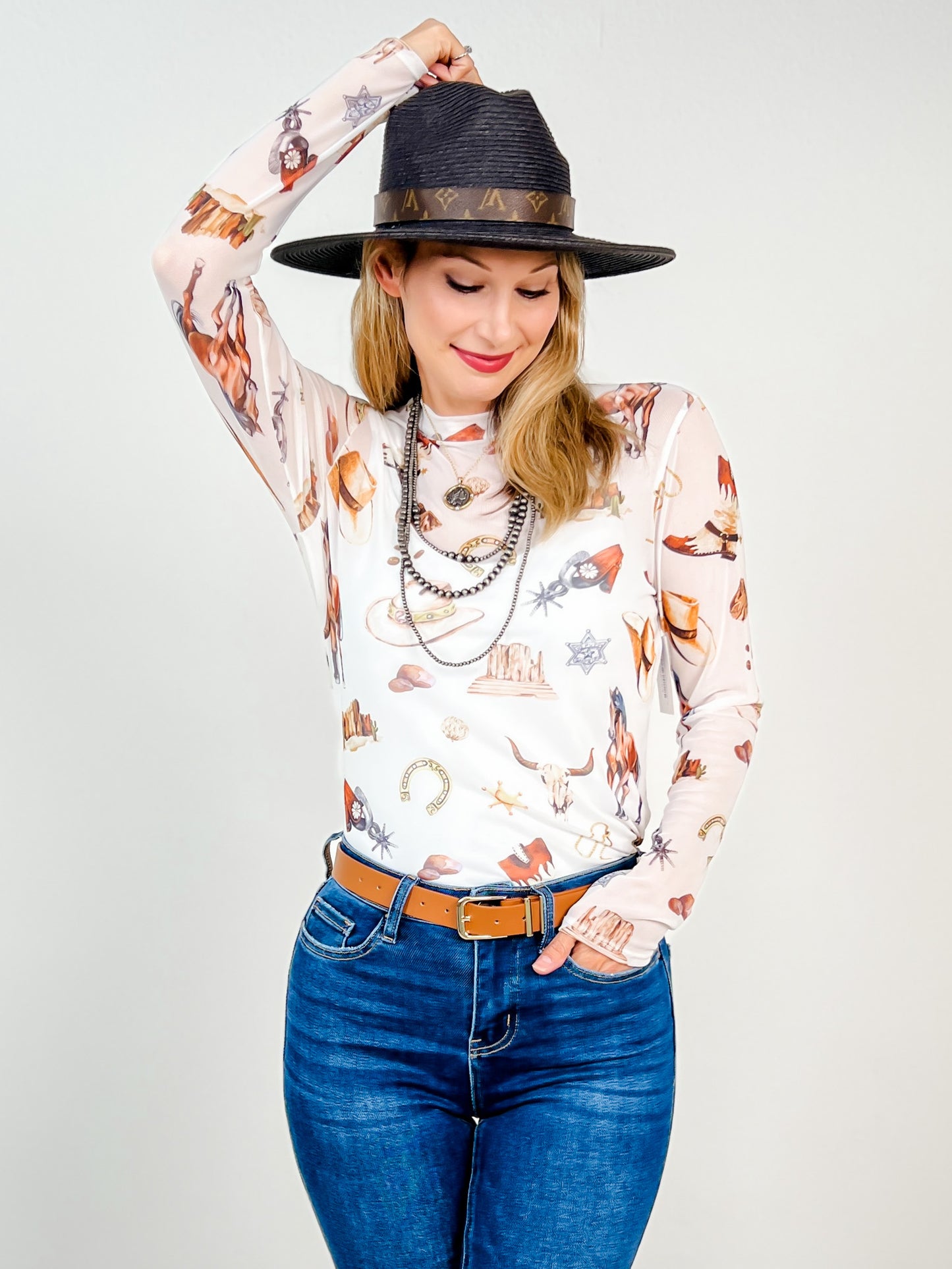 Western Elements Print Semi Sheer Mesh Top