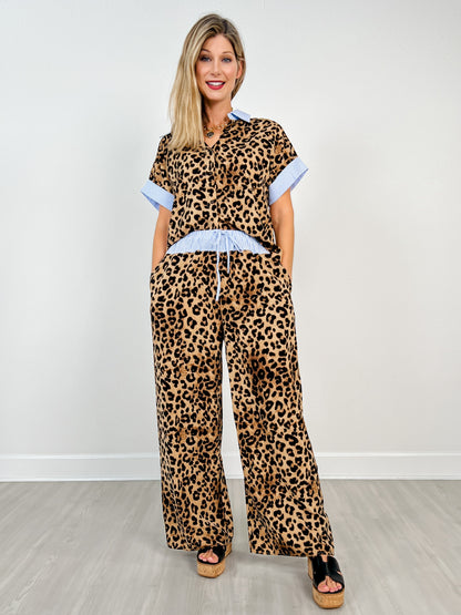 Leopard Print Top with Matching Wide Leg Pants Set
