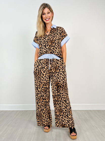 Leopard Print Top with Matching Wide Leg Pants Set