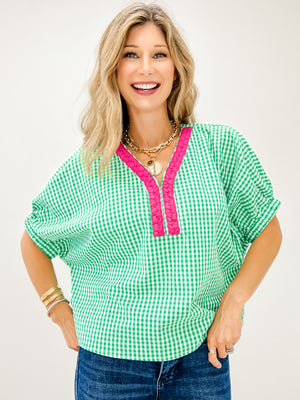 Gingham Short Puff Sleeve Top with Scalloped Trim Accent