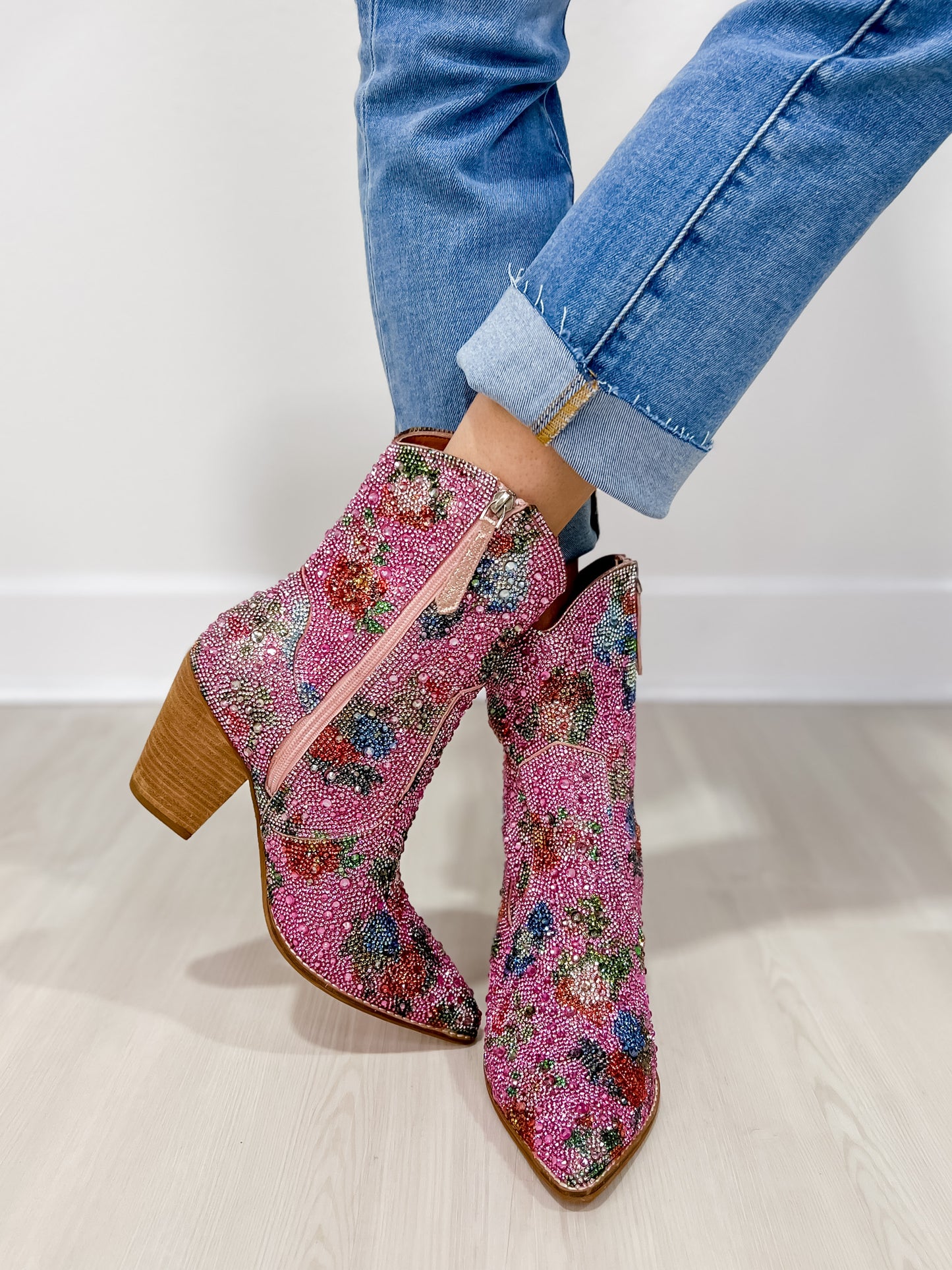 Autumn Floral Rhinestone Western Block Heel Ankle Boots