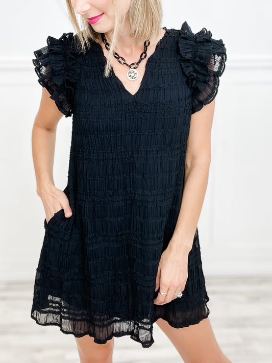 Ruffled Textured Woven Mini Dress with Side Pockets