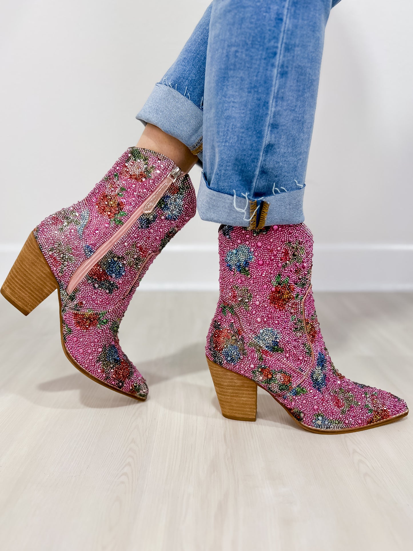 Autumn Floral Rhinestone Western Block Heel Ankle Boots