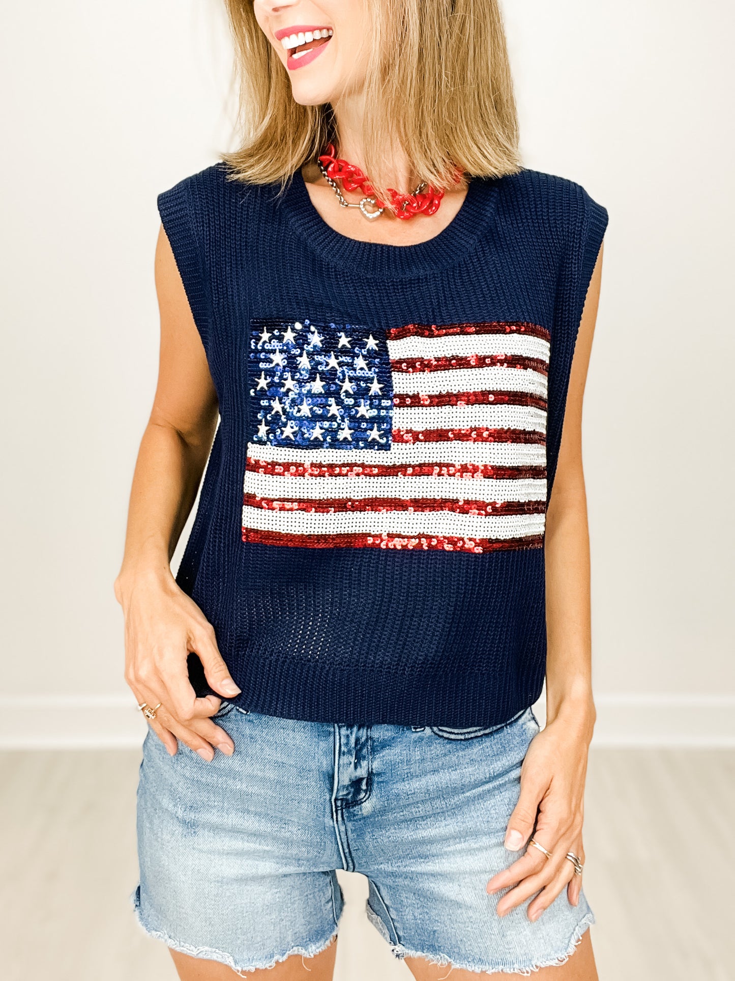 Sleeveless Knit Top with Sequin American Flag
