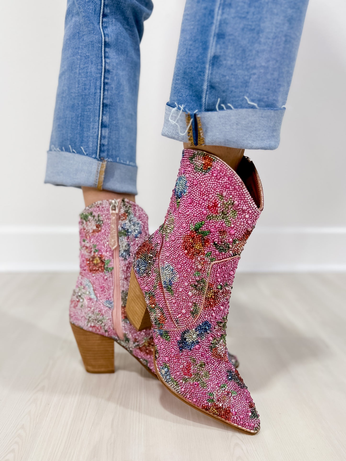 Autumn Floral Rhinestone Western Block Heel Ankle Boots