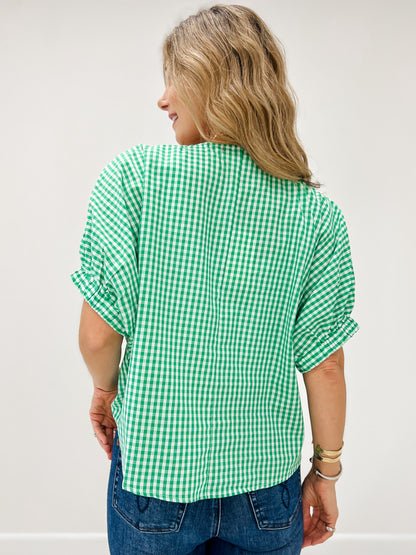 Gingham Short Puff Sleeve Top with Scalloped Trim Accent