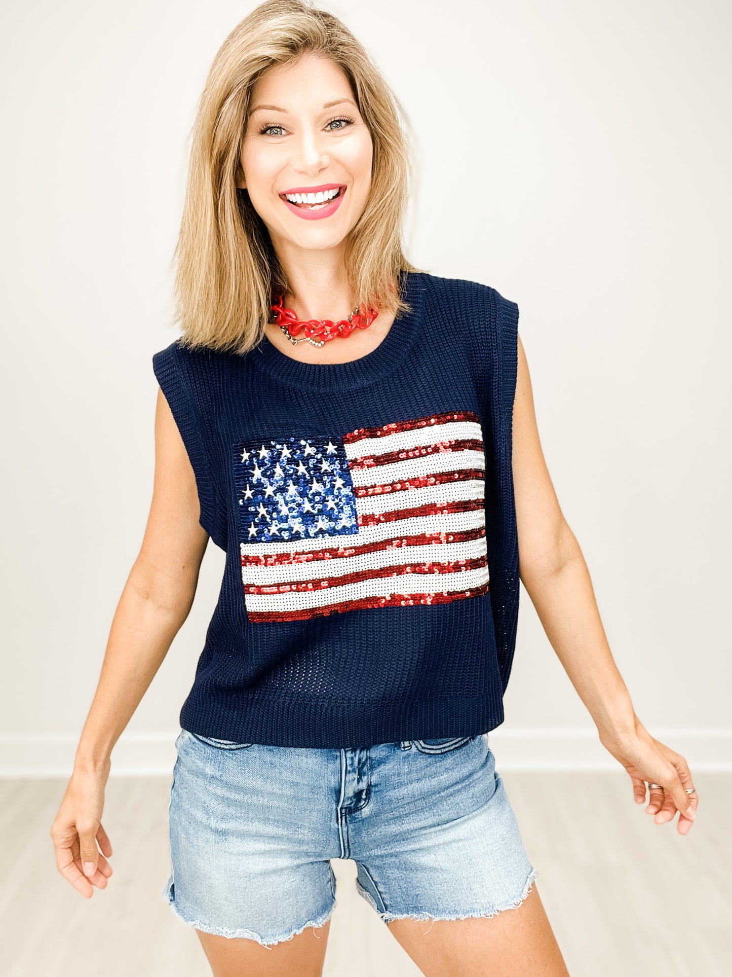Sleeveless Knit Top with Sequin American Flag