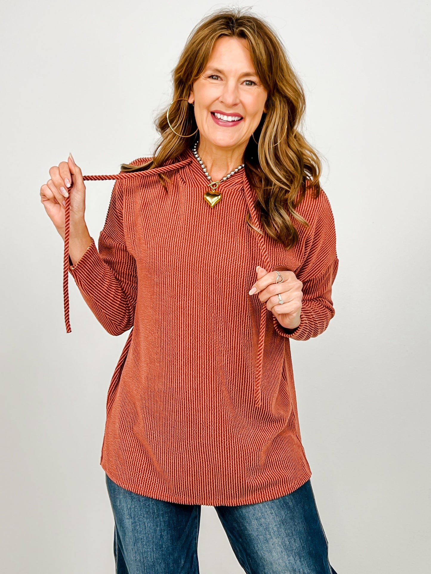 Long Sleeve Corduroy Ribbed Hoodie Top