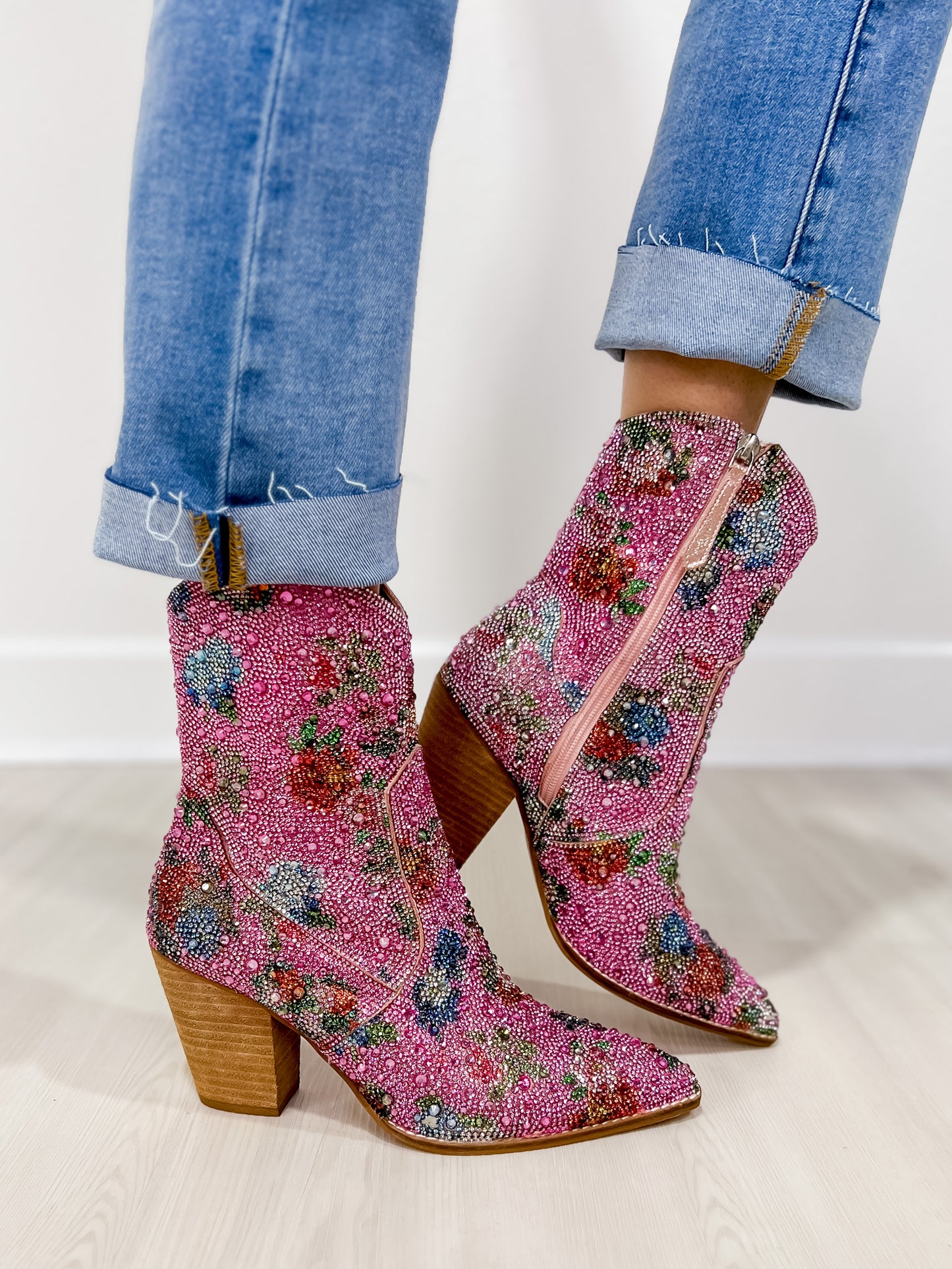 Autumn Floral Rhinestone Western Block Heel Ankle Boots