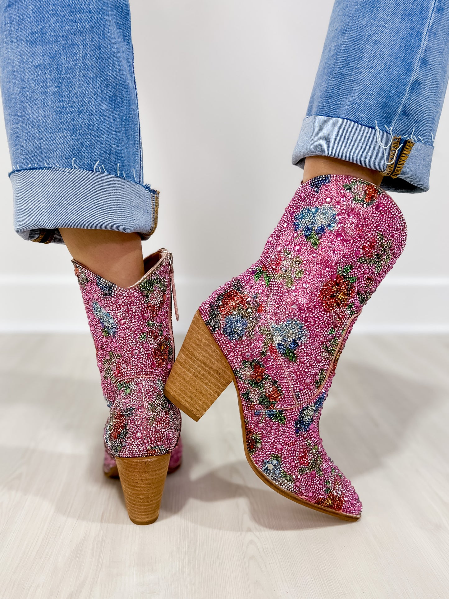 Autumn Floral Rhinestone Western Block Heel Ankle Boots