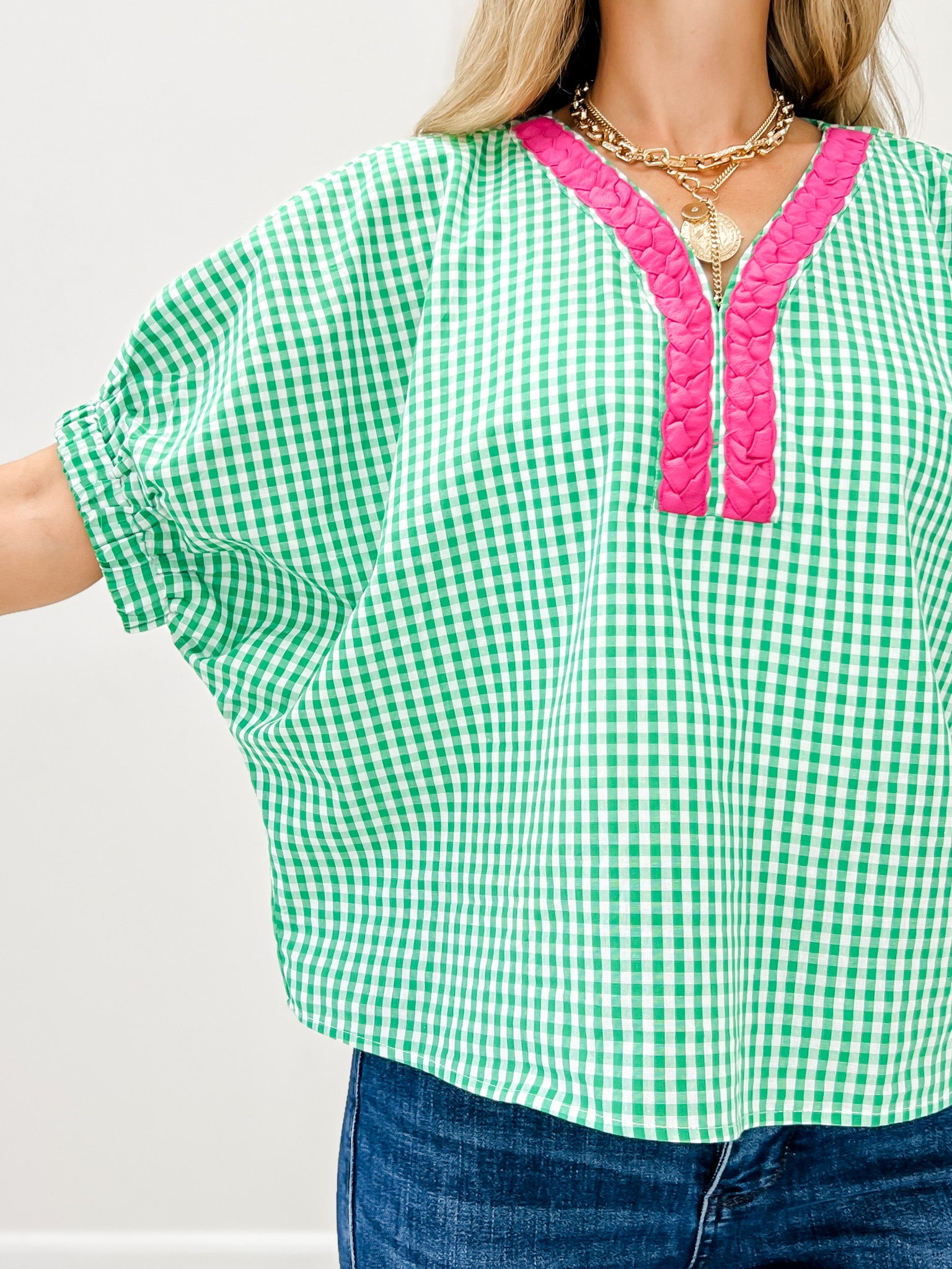 Gingham Short Puff Sleeve Top with Scalloped Trim Accent