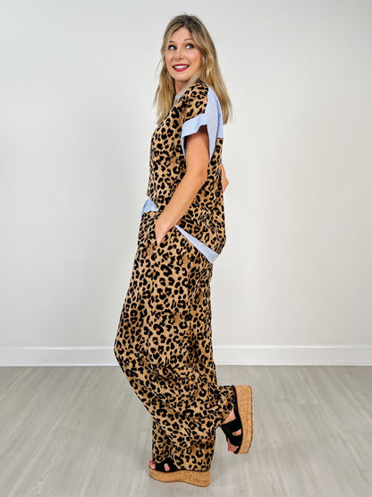 Leopard Print Top with Matching Wide Leg Pants Set