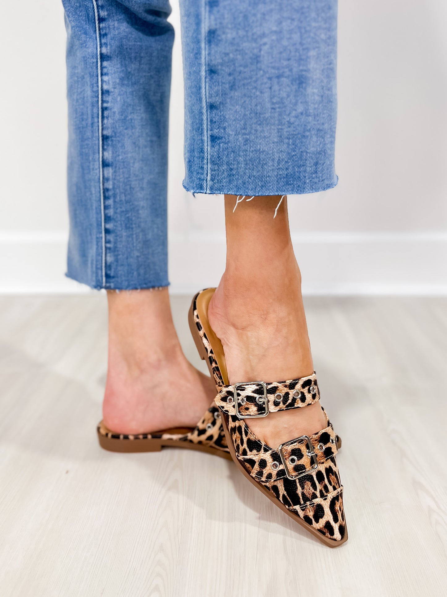 Pointed Slip On Flat Shoe with Buckle in Leopard