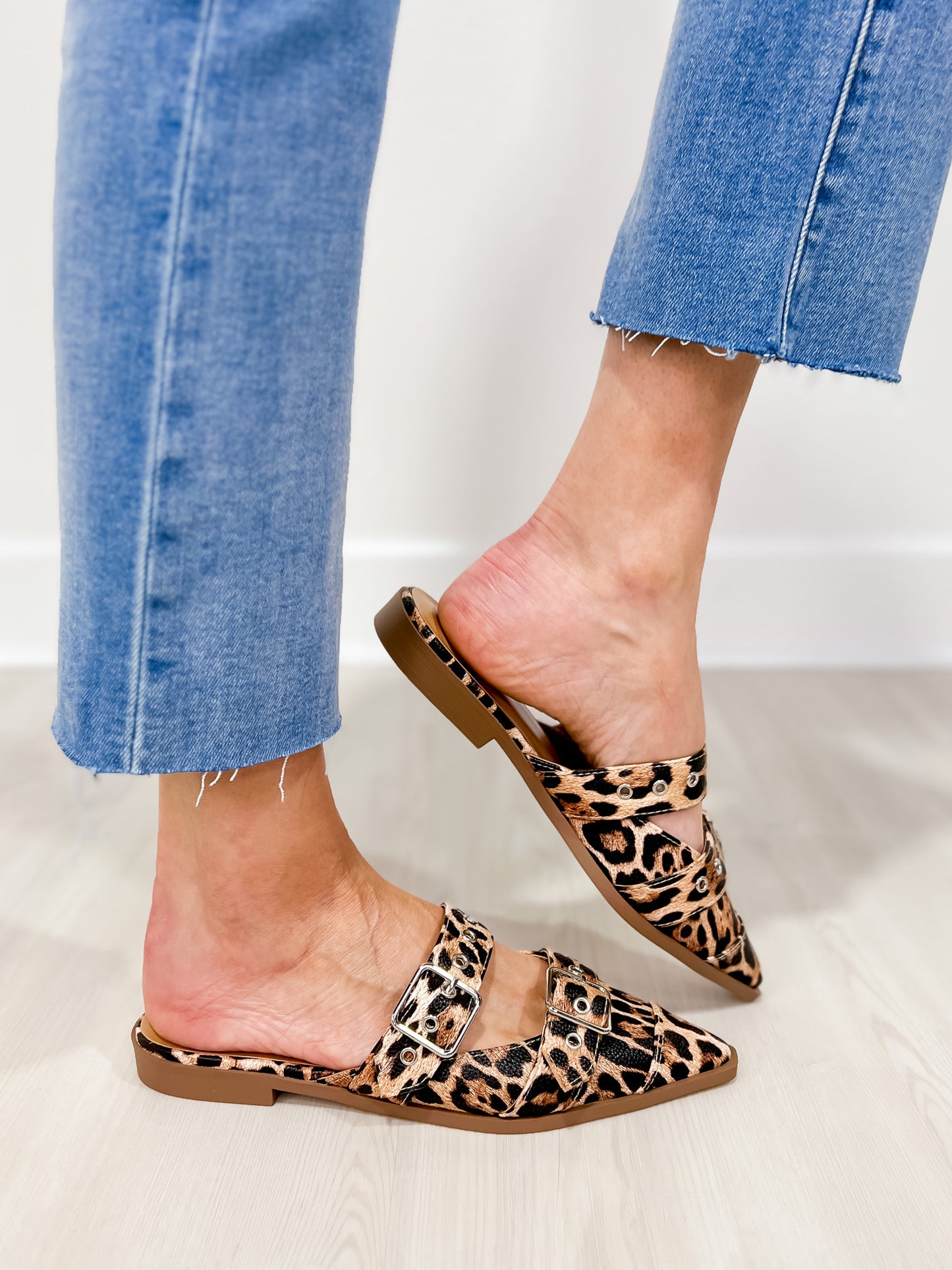 Pointed Slip On Flat Shoe with Buckle in Leopard