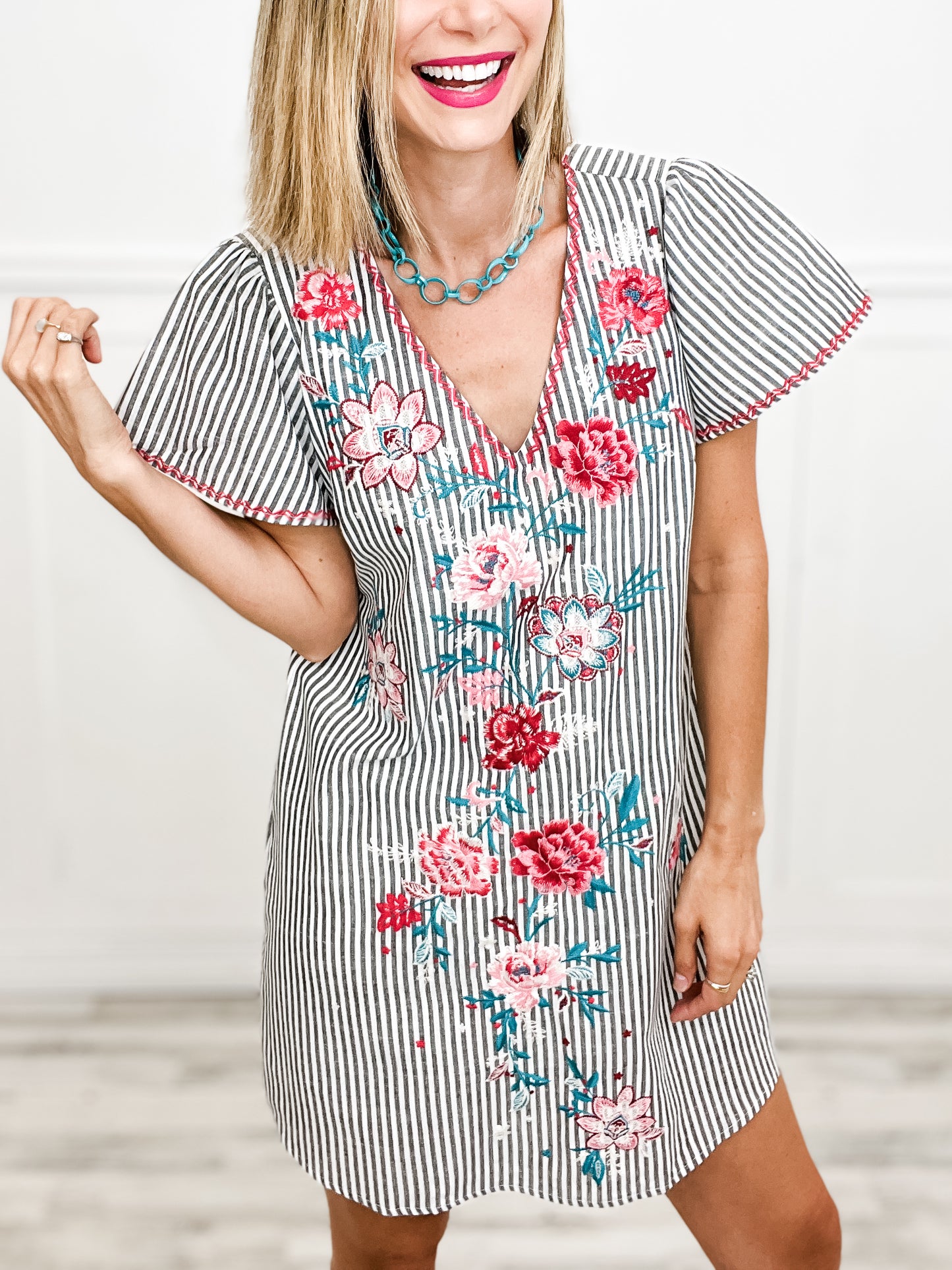 Floral Embroidered Striped Shift Dress with V-Neckline